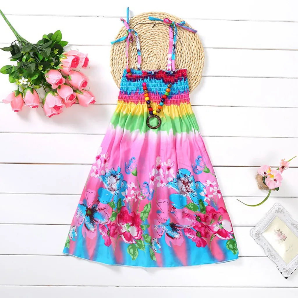 2024 Summer Dress Infant Kids Girls Baby Clothes Vestidos Floral Bohemian Beach Straps Dress  детская одежда Ropa Para NiñAs