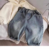 2025 Spring Autumn Kid Boys Denim Pants Side Pocket Polished White Children Boys Pants Elastic Waist Casual Baby Boys Trousers