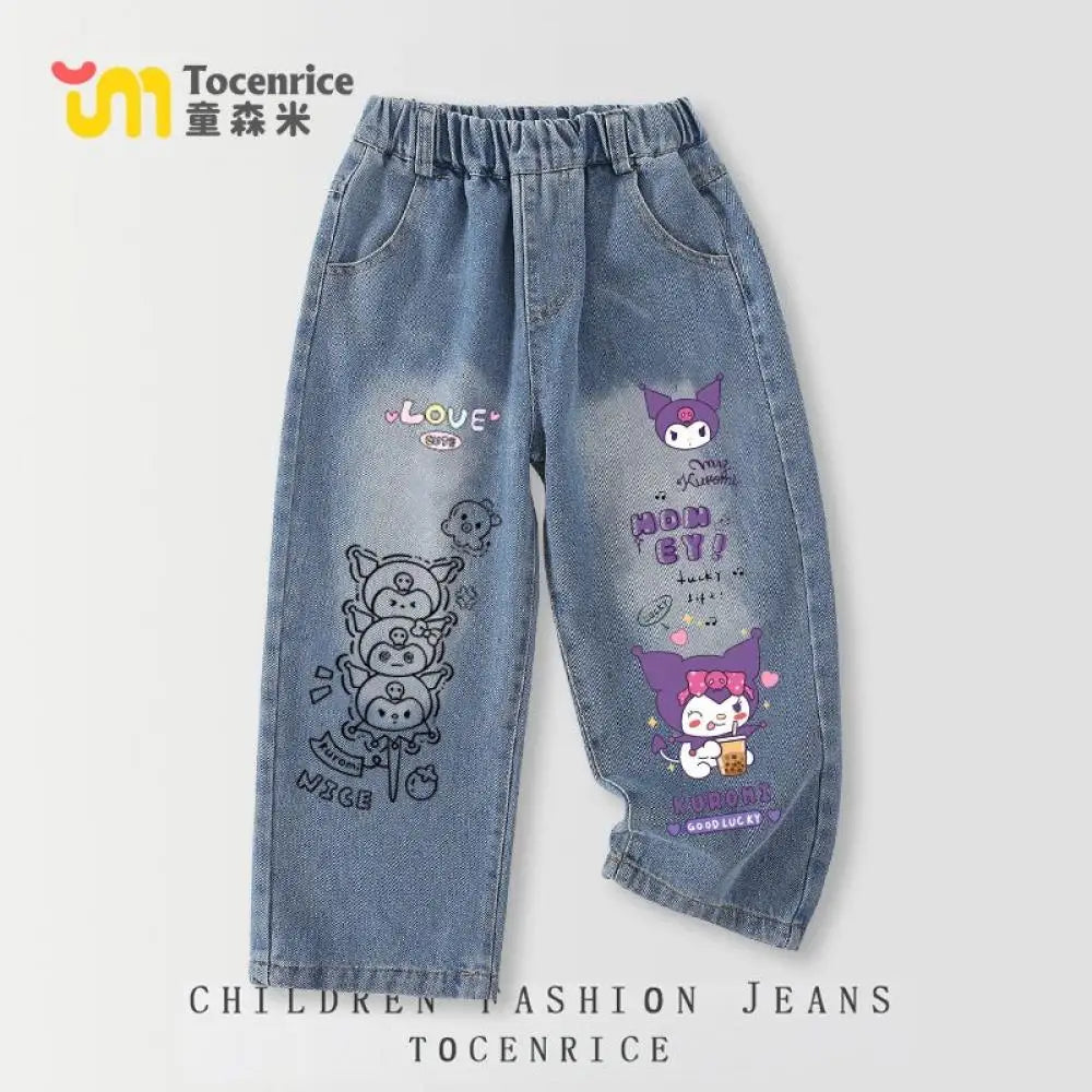 Cinnamoroll Kawaii Girl Jeans Pants Kuromi Hello Kitty Kids Anime Sanrios Cartoon Fashion Straight Elastic Waist Casual Jeans