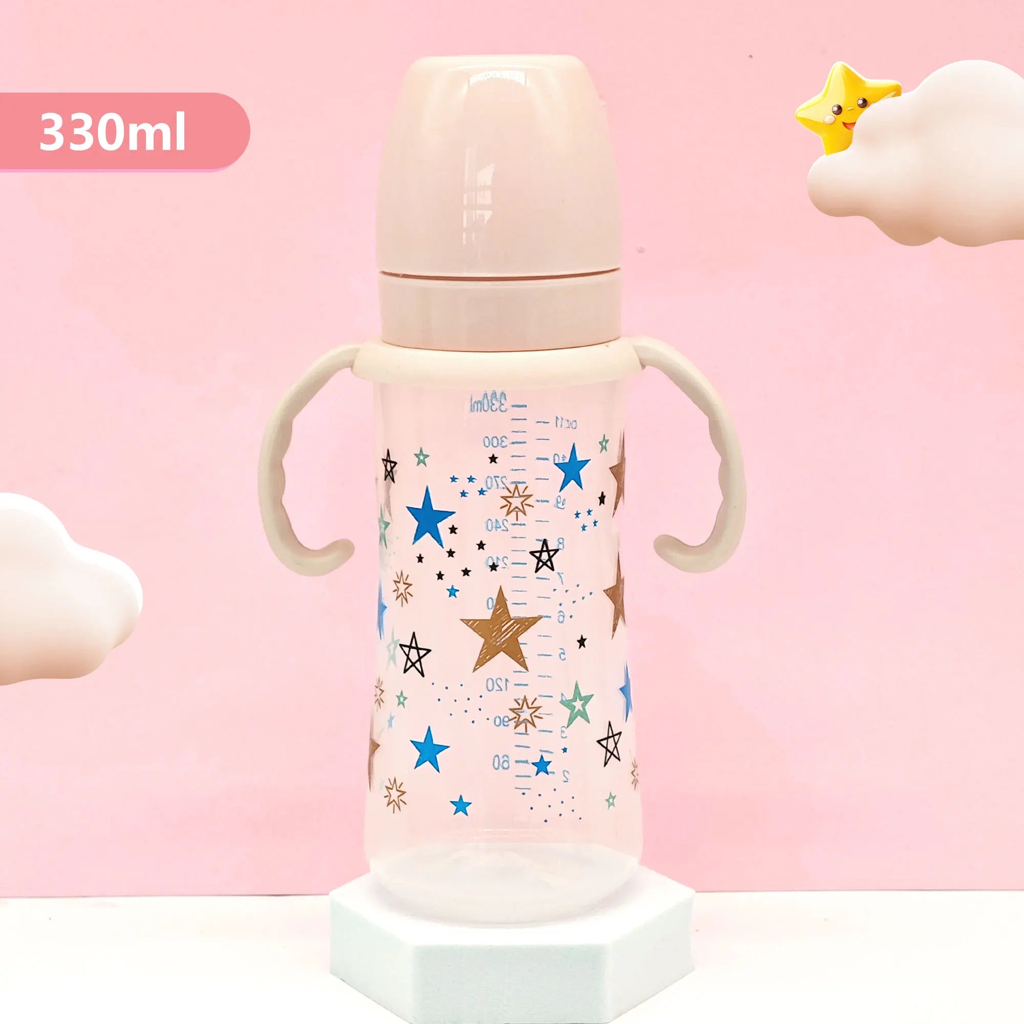 330ml star pattern baby bottle, bite-resistant, anti-flatulence PP bottle, large-capacity bottle for babies over 6 months old