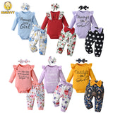 Newborn infant Baby Girls Fashion Clothes Set Letters Printed Cotton Long Sleeve Bodysuit Top + Hearts Pattern Pants + Headband