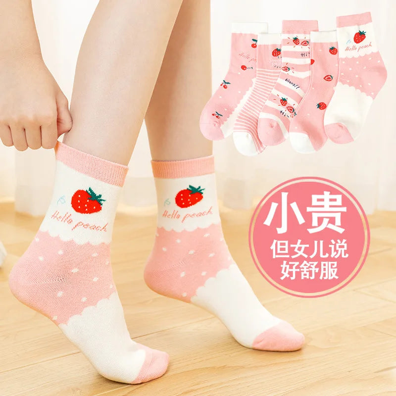 5 Pairs/Lot Kids Soft Cotton Socks Korean Love Heart Flower Print Baby Girl Socks Autumn Winter Warm Children Middle Tube Socks