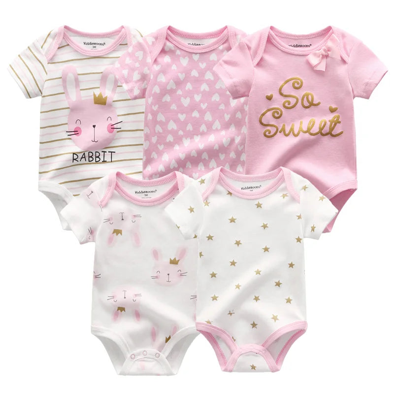 Unisex 5Pieces Newborn Bodysuits Cotton Baby Girl Clothes Set Summer Print Baby Boy Clothes Cartoon Sleeveless Solid Color Bebes