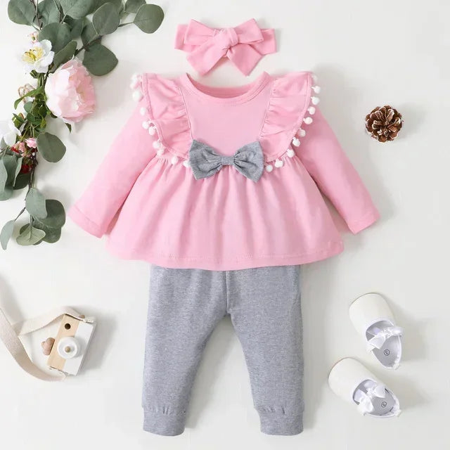 3Pcs Baby Girl Clothes Sets Bowknot Red Top Love Printed Trousers Casual Infant Outfits Newborn Toddler Clothing 3M 6M 12M