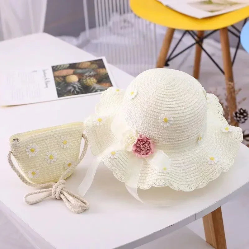 Kids Hat For Girls 2-7Y Straw Children's Sunshade Cap Bag Summer Baby Travel Sunscreen Beach Hat Sun Fisherman Cap Fashion Style