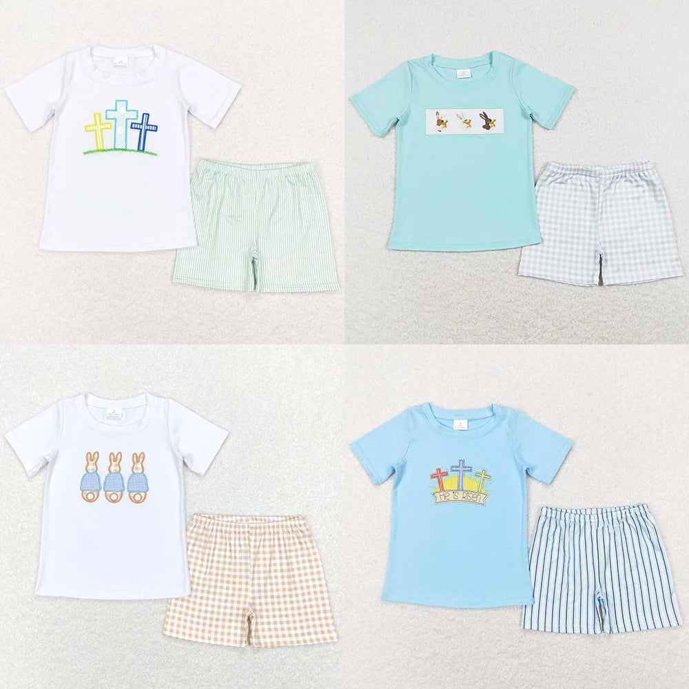 Hot Sale Kids Designer Clothes Boys Easter Rabbit Short Sleeve Top Shorts Sets Boutique Baby Boys Clothes Toddler Outfits New