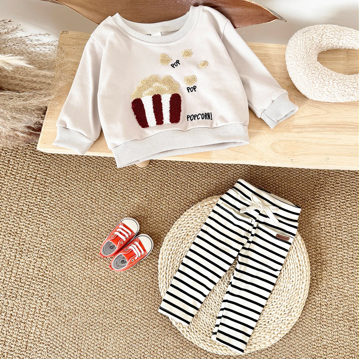 Baby Boy Clothes Cartoon Popcorn Infant Outfit Top Pants 2Pcs Autumn Long Sleeve Sweatshirt Newborn Girl Kids Children Clothing