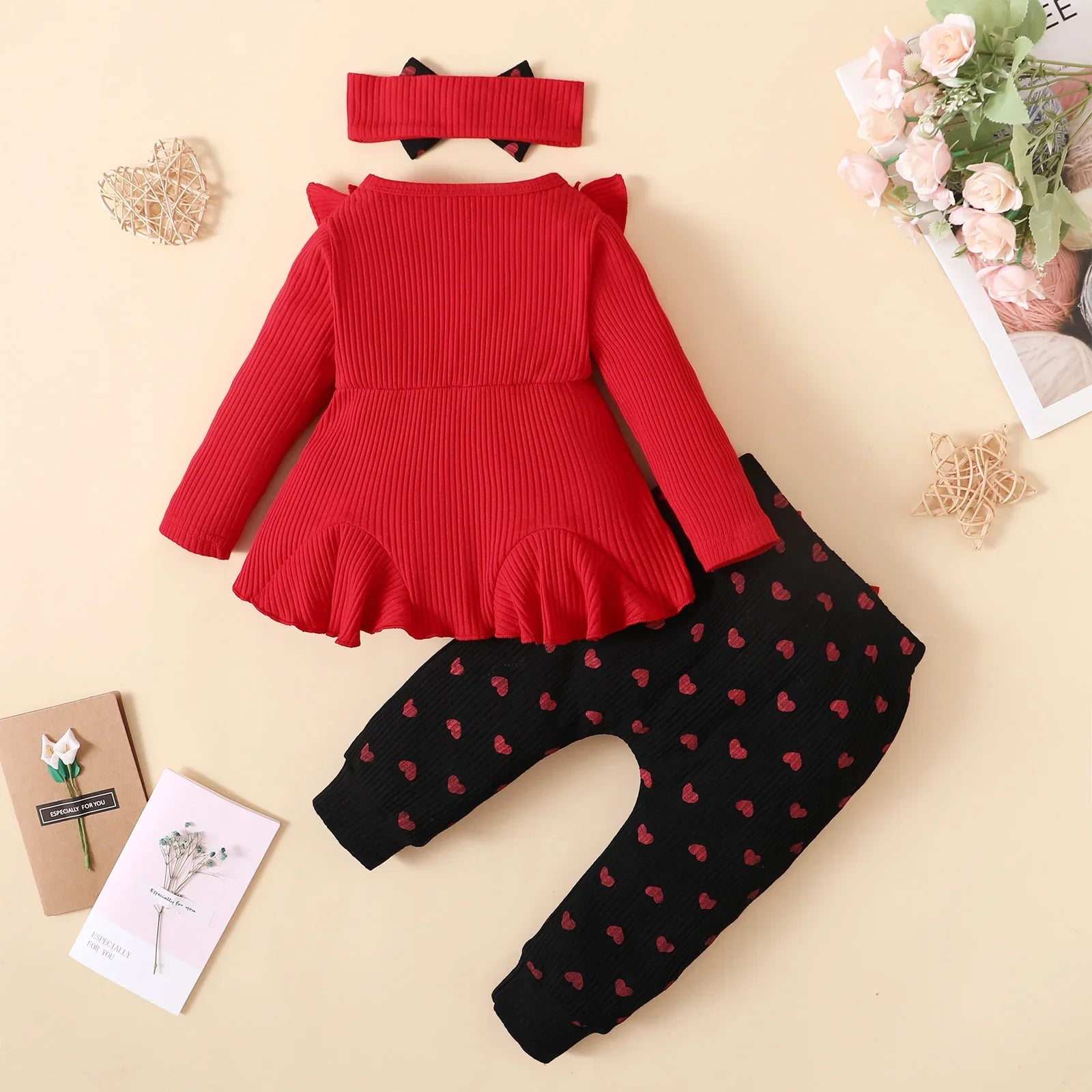 3Pcs Baby Girl Clothes Sets Bowknot Red Top Love Printed Trousers Casual Infant Outfits Newborn Toddler Clothing 3M 6M 12M