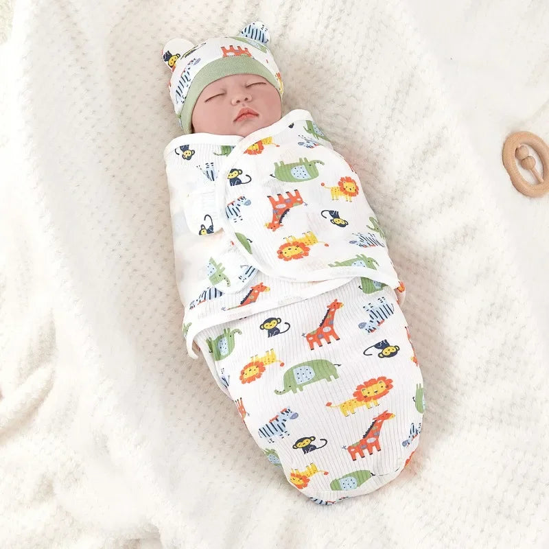 Baby Anti-shock Swaddle Cotton Printed Wrap Spring/Summer Baby Wrap Two-piece Baby Anti-kick Blanket Suitable for 0-3 Months