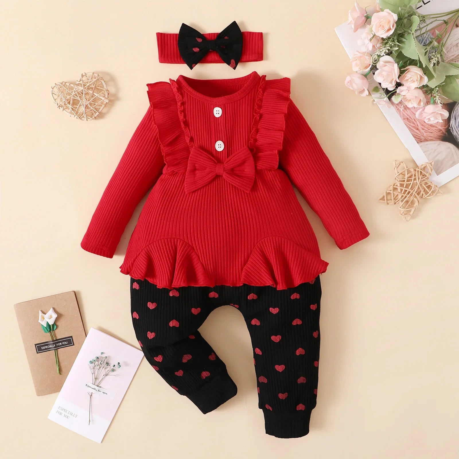 3Pcs Baby Girl Clothes Sets Bowknot Red Top Love Printed Trousers Casual Infant Outfits Newborn Toddler Clothing 3M 6M 12M