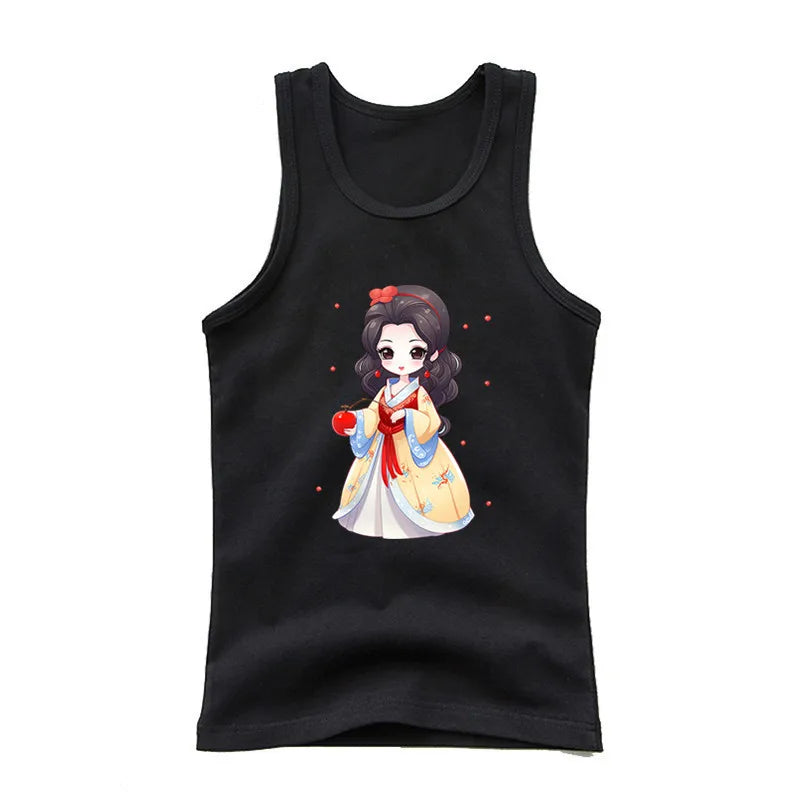 2024 Summer Girls Cute Cat Print  Vest Princess Girl Fashion Tank Top Kids Sleeveless T-shirt 3-14y