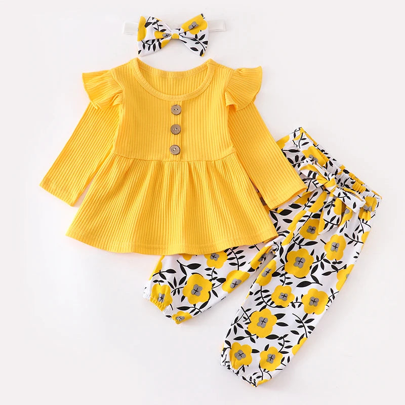 3Pcs Autumn Baby Girl Clothes Sets Infant Newborn Long Sleeve Tops Floral Print Pants Headband Solid Clothing Outfit 0 3-24M