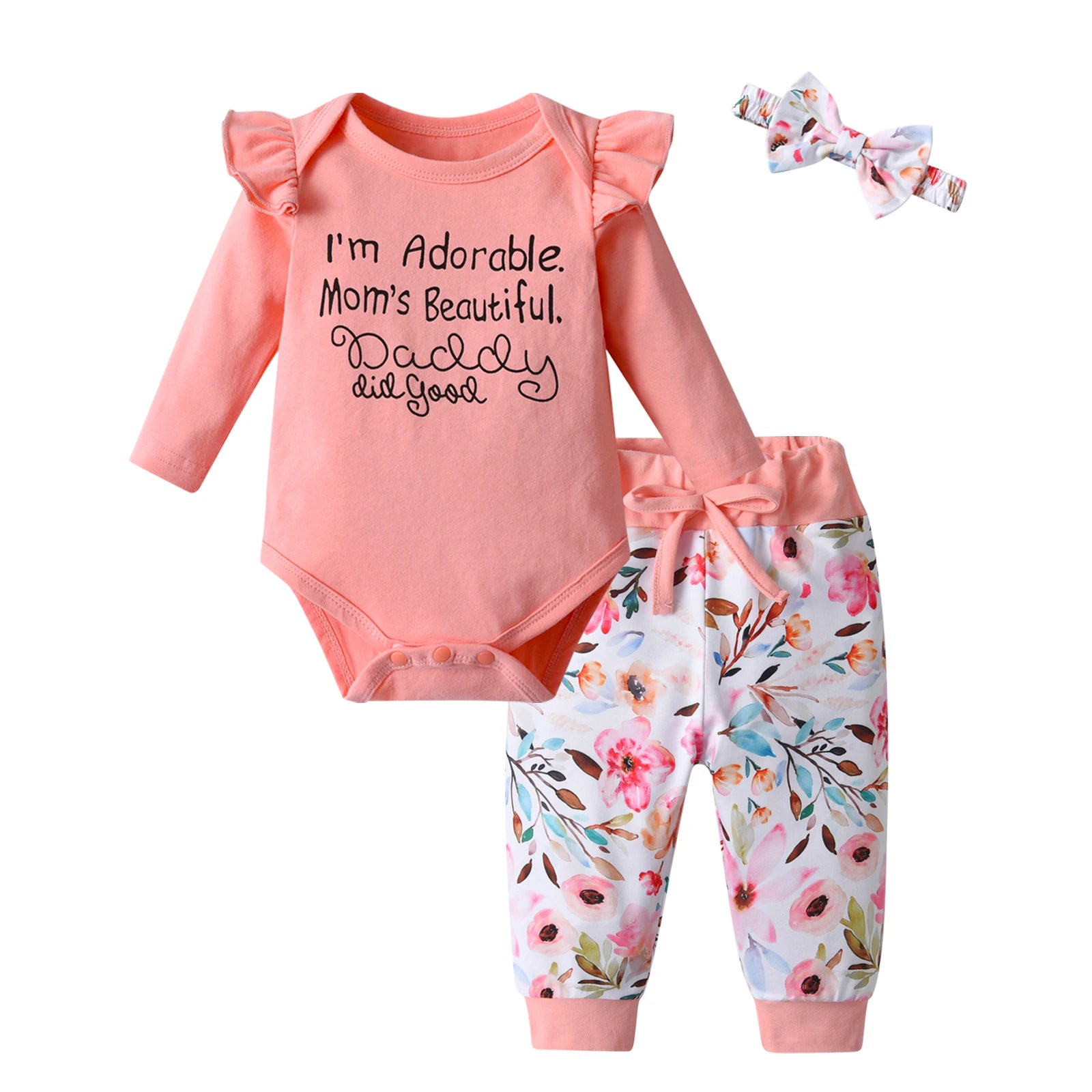 Newborn infant Baby Girls Fashion Clothes Set Letters Printed Cotton Long Sleeve Bodysuit Top + Hearts Pattern Pants + Headband