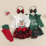 Infant Baby Girl Christmas Outfit Letter Print Ruffle Long Sleeve Romper Plaid Layered Ruffle Shorts Bow Headband Socks