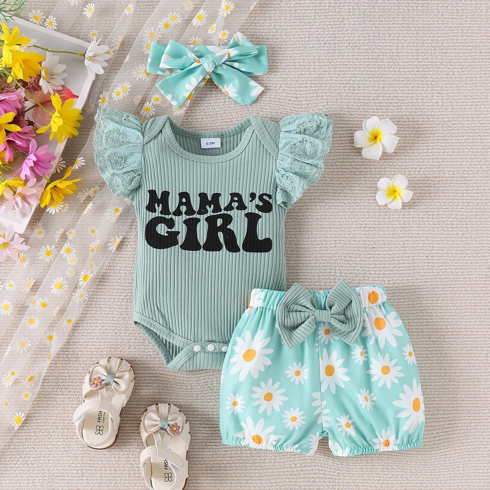 3PCS Summer 0-1 Year Old Girl Baby Sweet Fashionable Cute Letter Pit Strip Flying Sleeve Top + Printed Shorts Set