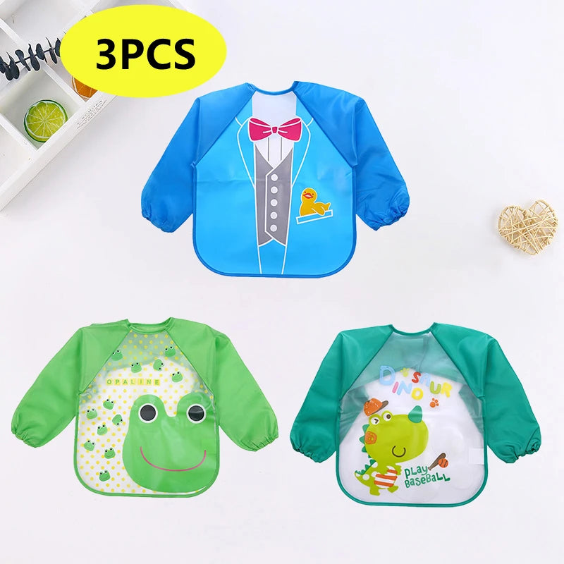 Baby Bibs Cute Colorful Cartoon Waterproof Bib Infant Eating Children Drawing Long Sleeve Pocket Apron Self Feeding Baby 0-3Y