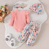 4PCS Autumn From 0 To June, Newborn Boys And Girls, Comfortable Casual Letter-Printed Pit Strip Top + Trousers + Hair Band Hat