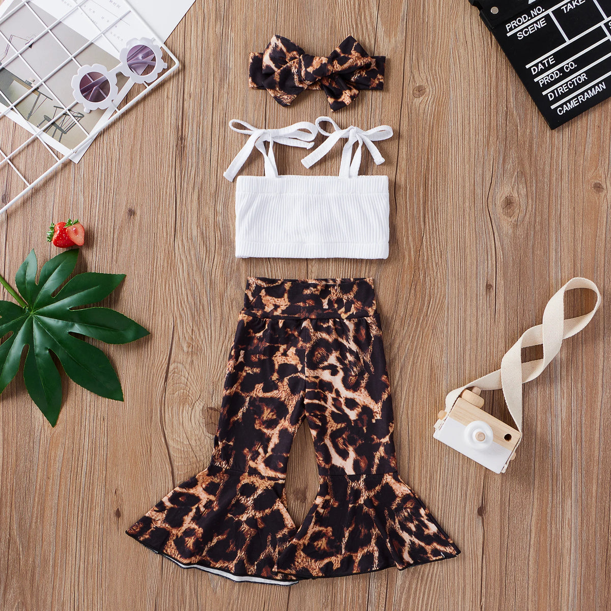 3PCS summer European and American style girls solid color halters top plus sexy leopard print flare trouser suit