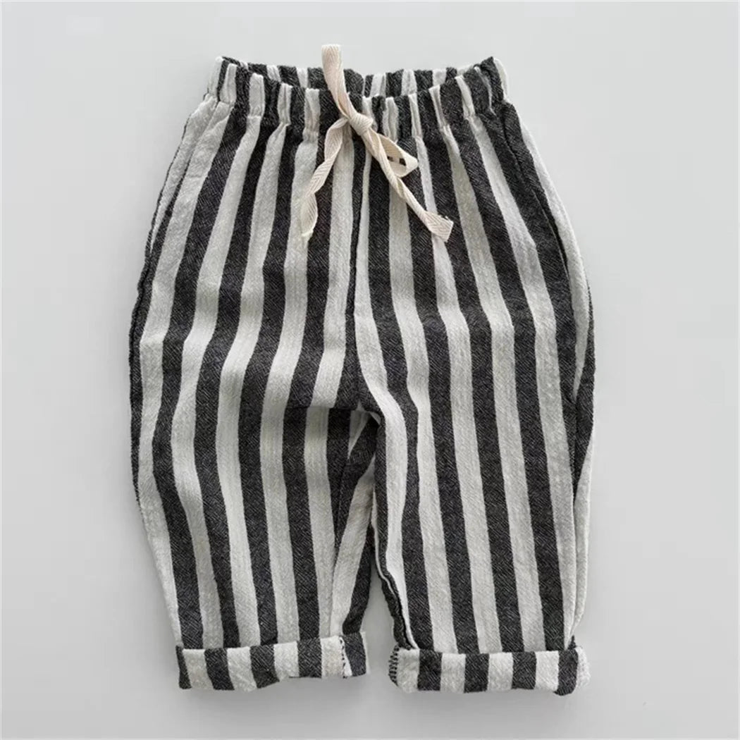 Vintage Linen Cotton Stripe Pants for Boys Casual Pocket Design Elastics Waist Pants for Toddler Girl Clothing Children Trousers