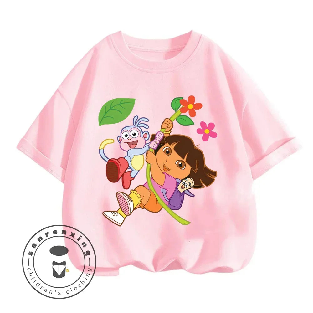 Fun Boys Girls Fashion T-shirt Dora Animated Cartoon Printed Kids T-shirt Hip Hop Boys Clothes White Short Sleeve Shirt Top