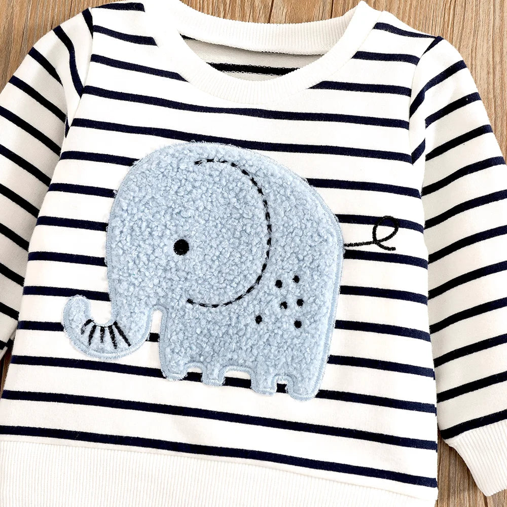 0-24 Months Spring Autumn New Boy Girl And Toddler Elephant Stripe Top Casual Cute Print Jeans Set