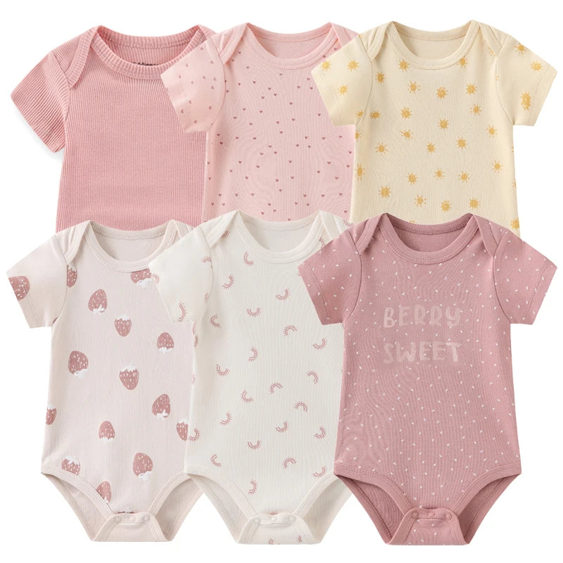 6Pieces Newborn Cotton Baby Boy Clothes Set Solid Color Sleeveless Baby Girl Clothes 0-12M Cartoon Print Bodysuits Summer Bebes