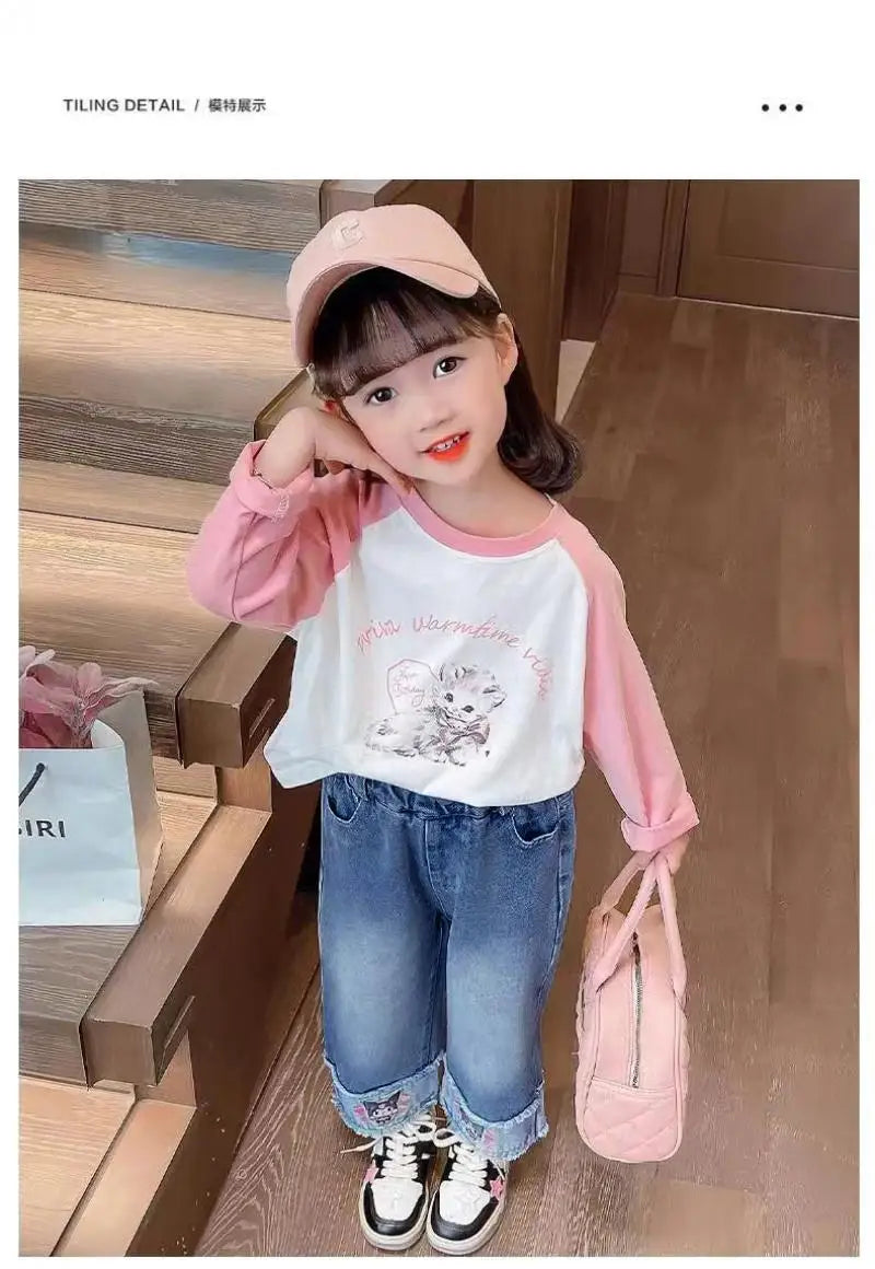 Cartoon Kuromi Girls Wide Leg Jeans Spring  Autumn Cute Elastic waist Versatile Straight Tube kids Childrens Wear Spring Pants