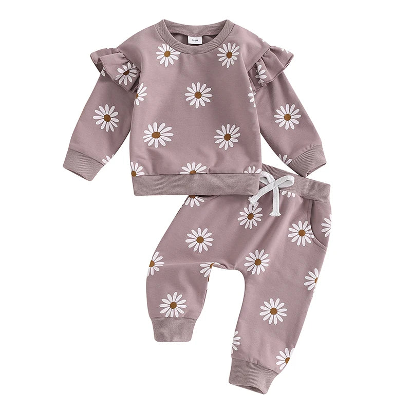 Toddler Kids Clothes Girls Clothing Floral Print Long Sleeve Loose Pullover Sweatshirts+Pocket Pants Sets