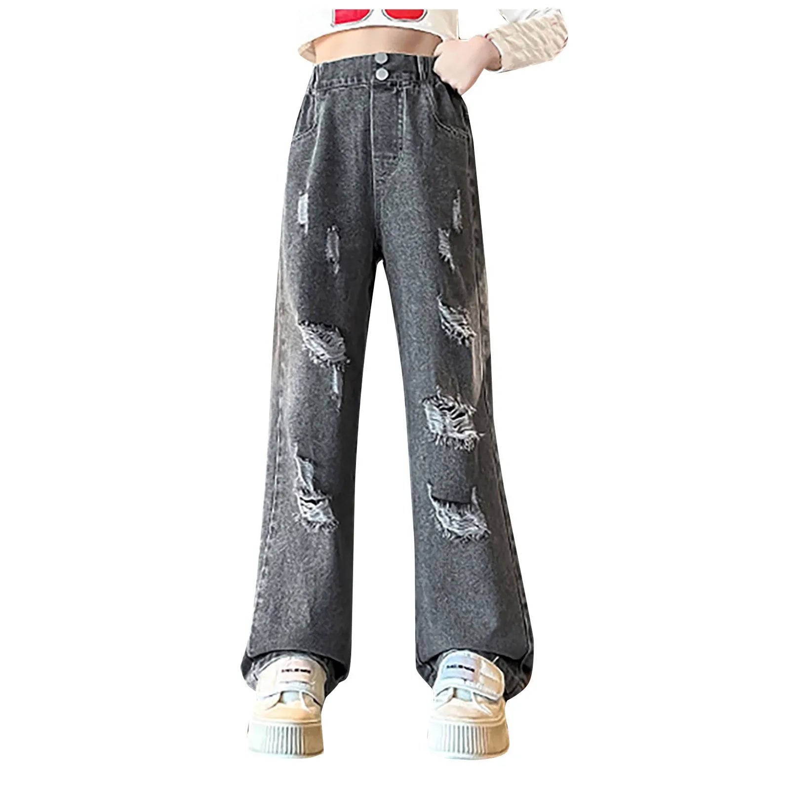 2024 Spring Autumn Girls Love Rough Edges Jean Korean Wide Leg Pants Teenagers Loose Elastic Waist Cowboy Pantalones De NiñA