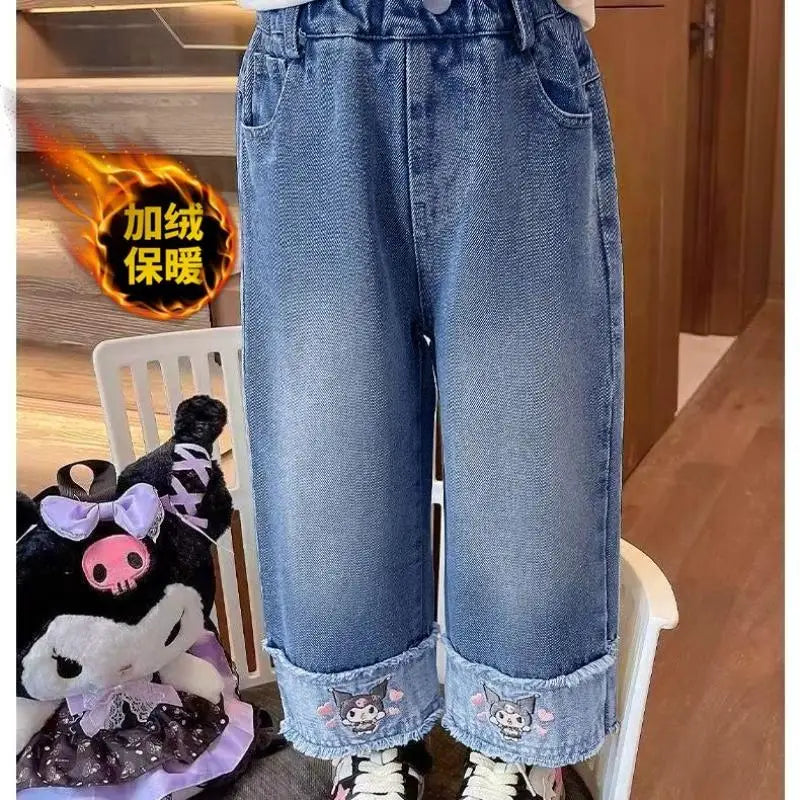 Cartoon Kuromi Girls Wide Leg Jeans Spring  Autumn Cute Elastic waist Versatile Straight Tube kids Childrens Wear Spring Pants