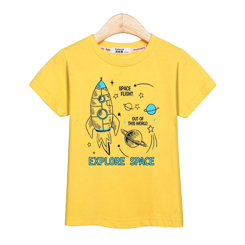 2024 New Spaceship T-shirt Baby Boys Short Sleeved Tops Children Summer Cartoon Shirt 3-14T