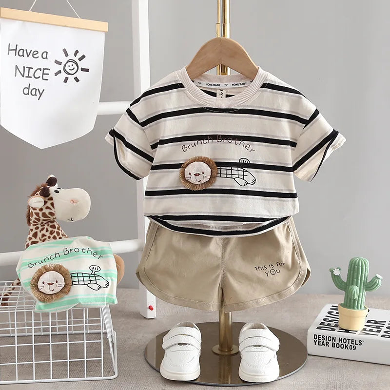 2pcs/sets New Baby Boys Girls Summer Clothes Cotton Sports Striped Lion T Shirt Shorts Children Clothing Tracksuits Set 0-5Years