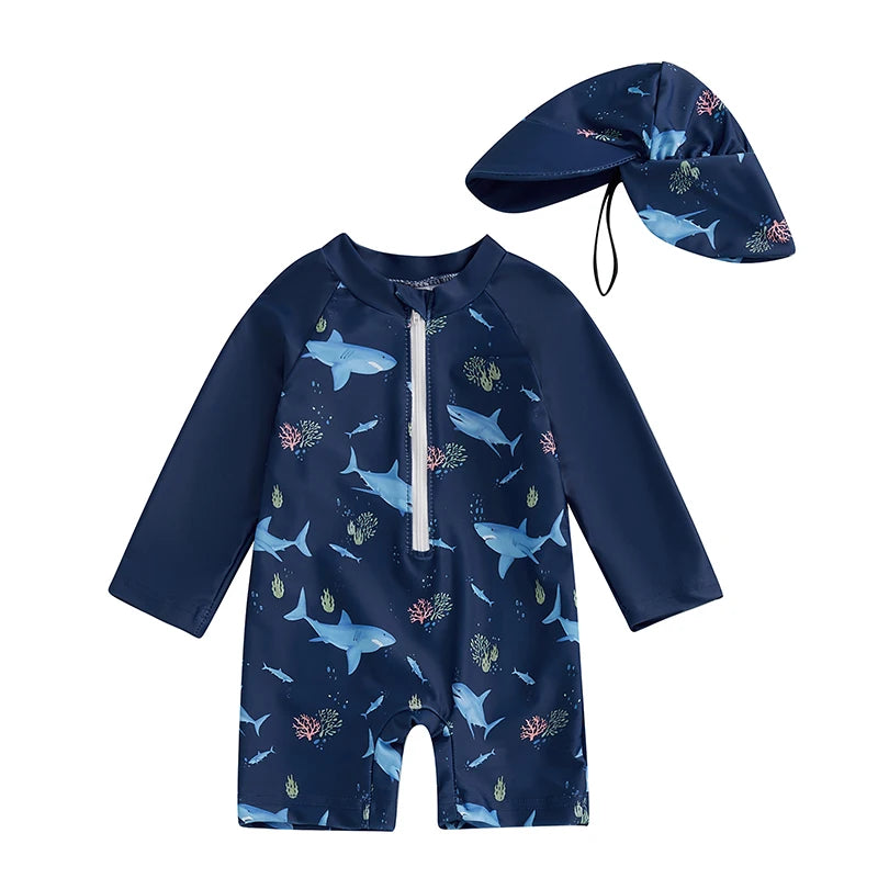 0-5Years Kids Boy Rash Guard Swimsuits Shark Print Long Sleeve Half Zip-up Bathing Suit with Sun Hat 2 Pcs Swimwear for Toddler