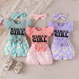 3PCS Summer 0-1 Year Old Girl Baby Sweet Fashionable Cute Letter Pit Strip Flying Sleeve Top + Printed Shorts Set