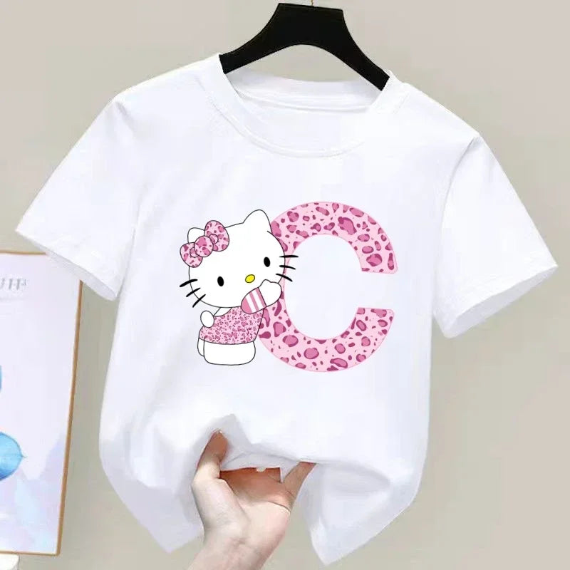 Hello Kitty Letter A-Z Children's Cotton Short-sleeved Top Sanrio Summer T-shirt Girly Heart Soft Clothes Kawaii Birthday Gift