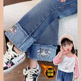 Cartoon Kuromi Girls Wide Leg Jeans Spring  Autumn Cute Elastic waist Versatile Straight Tube kids Childrens Wear Spring Pants