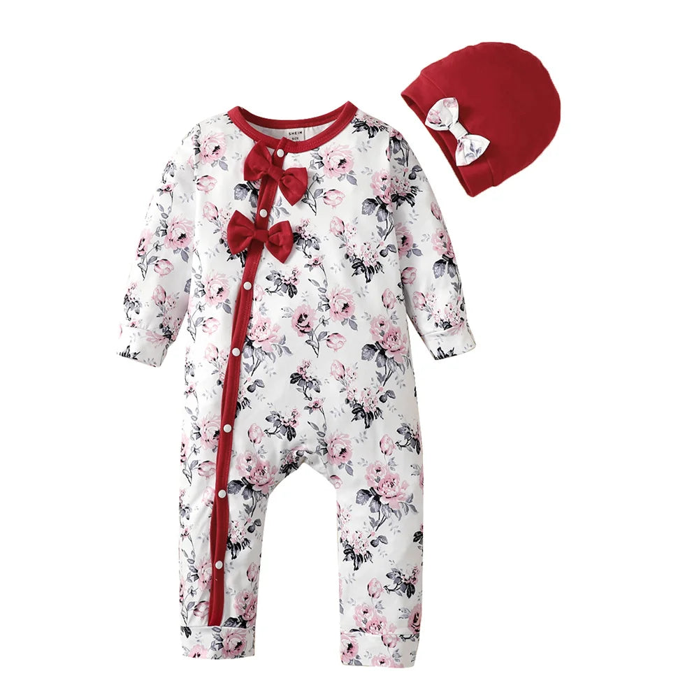 0-18 Months Newborn Baby Girl Romper Clothes Long Sleeve Flower Bodysuit Costume Lovely Baby Spring Jumpsuit Outfit with Hat