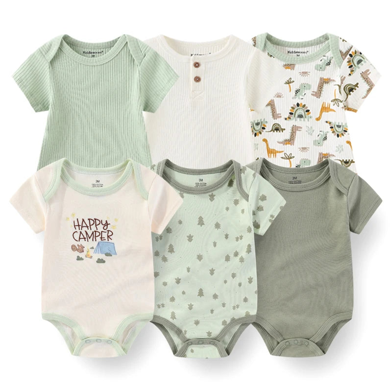 6Pieces Newborn Cotton Baby Boy Clothes Set Solid Color Sleeveless Baby Girl Clothes 0-12M Cartoon Print Bodysuits Summer Bebes