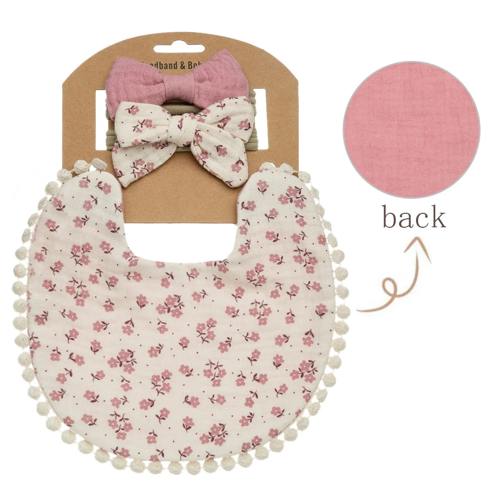 3Pcs/Set Baby Flower Bibs & Headbands Bow Nylon Hairbands Double Side Saliva Towel Feeding Burp Cloth Scarf Boys Girls Headwear