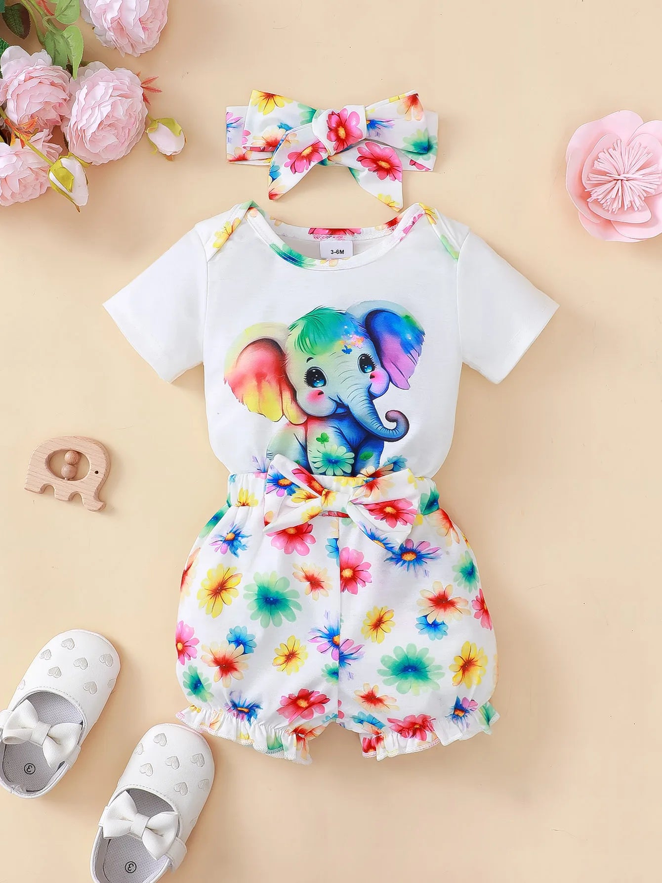 3PCS Newborn Baby Girl Clothing Set Short Sleeved Elephant Bodysuit+Flower Shorts Summer Casual Outfits for 0-24 Months Toddler