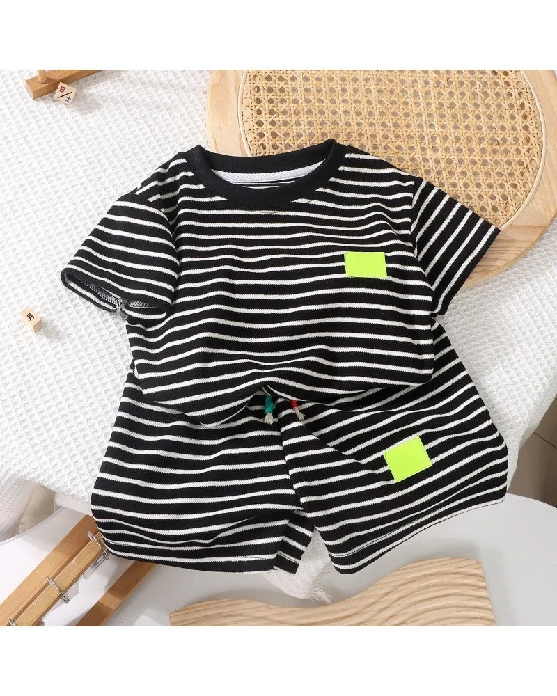 2Pcs Fashion Children Short Sleeve Shorts Sets Summer Kids Clothes Boys Baby Cotton Tee Pant Outfits Black and White Stripe