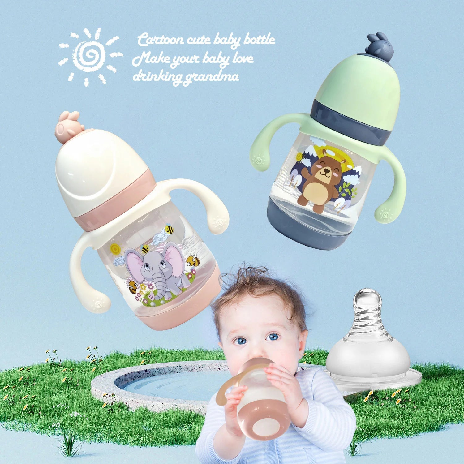 240ml newborn cartoon bottle, BPA-free, cartoon shape baby PP bottle, drop-proof and leak-proof baby feeding bottle