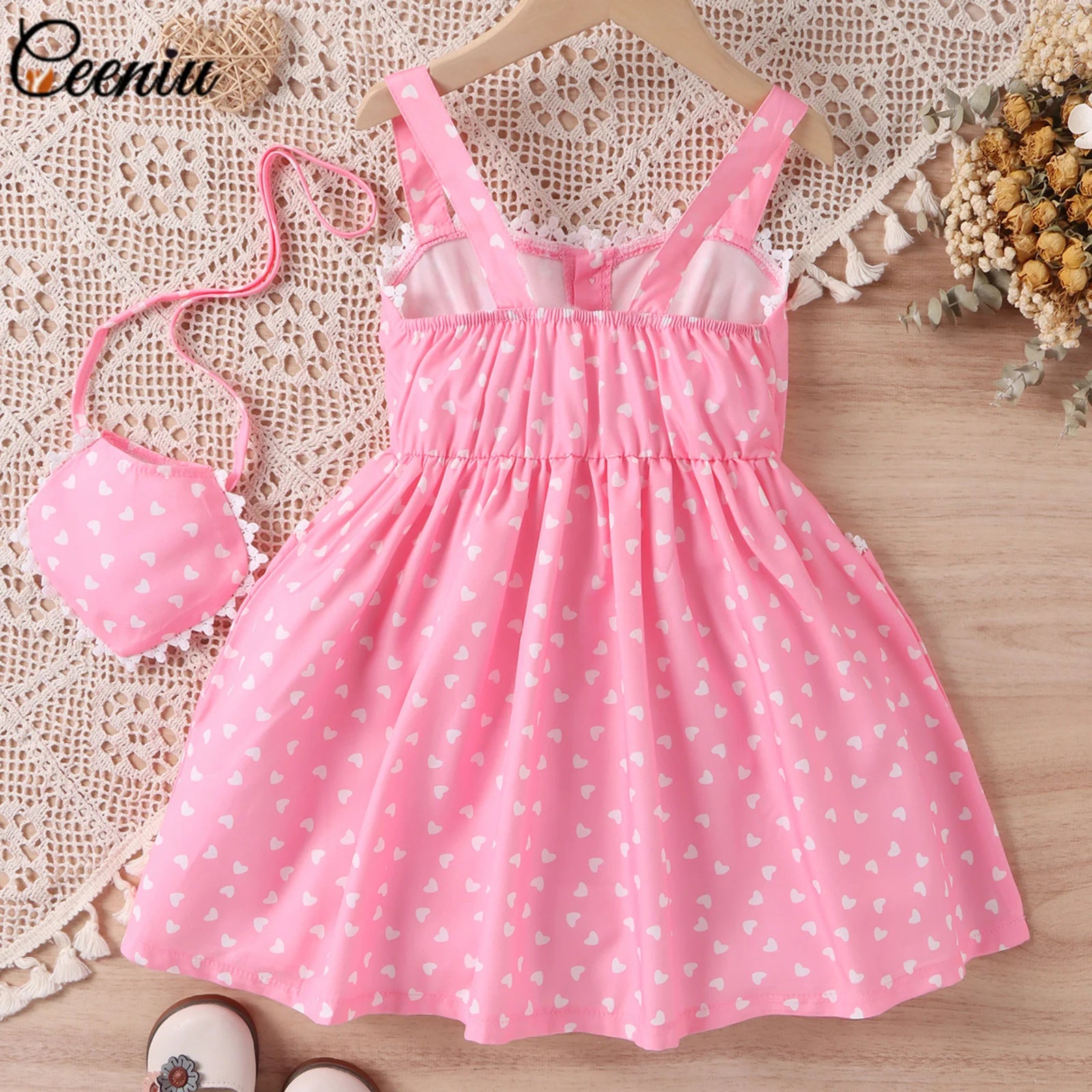 Ceeniu 2pcs Party Dresses For Girls Spaghetti Strap Pocket Heart Red Dress+Heart Bag Kids Birthday Dress Children's Clothing