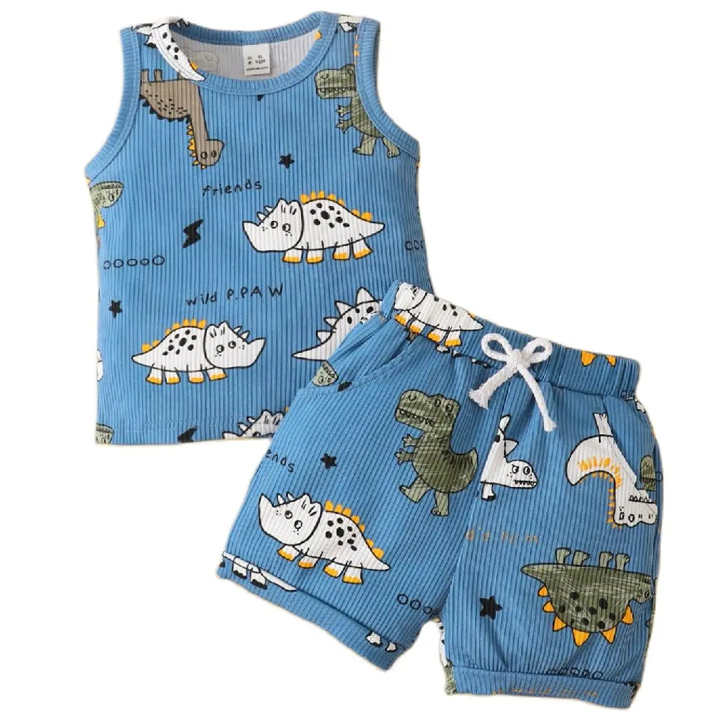 0-3 Years Toddler Baby Boy 2PCS Clothes Set Cartoon Dinosaur Blue Sleeveless Shirt+ Shorts Cute Style Soft Summer Daily Wear