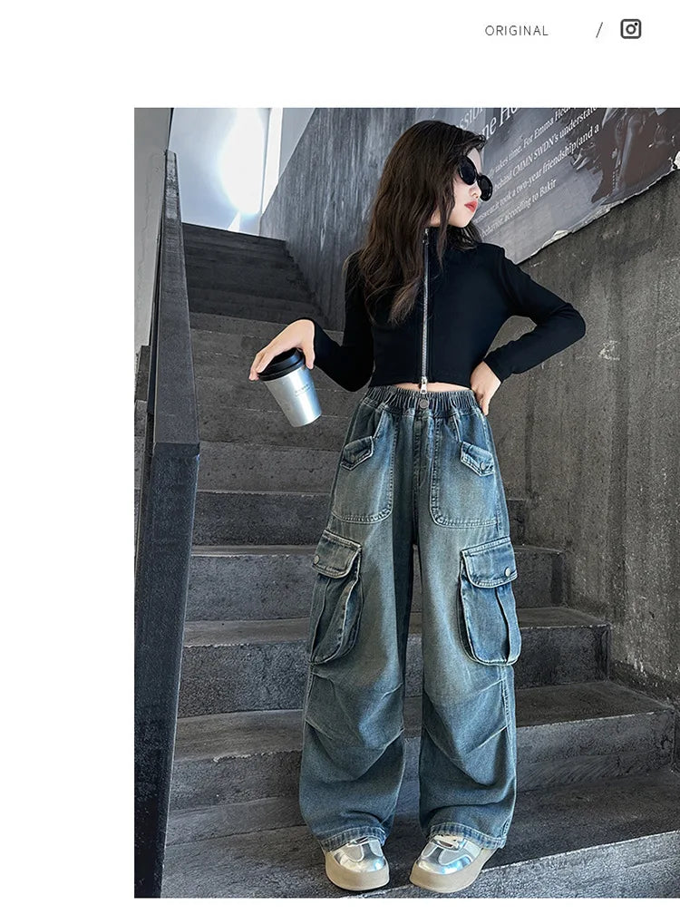 2025 Teenage Girls Jeans with Big Pocket Four Seasons High Waist Fashion Blue Cargo Denim Pants 2024 Hot Sale Wide Leg Trousers