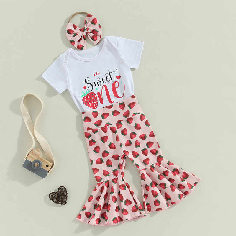 3Pcs Baby Girls Clothes Summer Suit Letter Print Short Sleeve Crew Neck Rompers Strawberry Print Flare Pants Headband Set