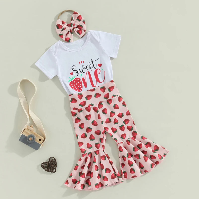 3Pcs Baby Girls Clothes Summer Suit Letter Print Short Sleeve Crew Neck Rompers Strawberry Print Flare Pants Headband Set