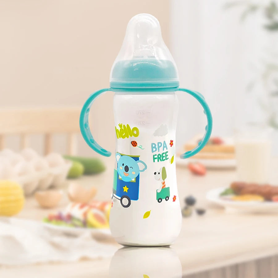 Lightweight and drop-resistant 250ml baby bottle with cartoon handle and breastmilk silicone nipple, PP bottle for 0-36 babies