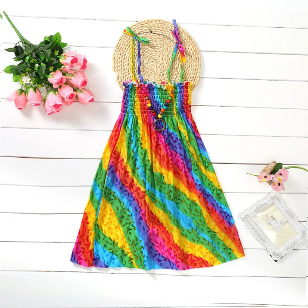 2024 Summer Dress Infant Kids Girls Baby Clothes Vestidos Floral Bohemian Beach Straps Dress  детская одежда Ropa Para NiñAs