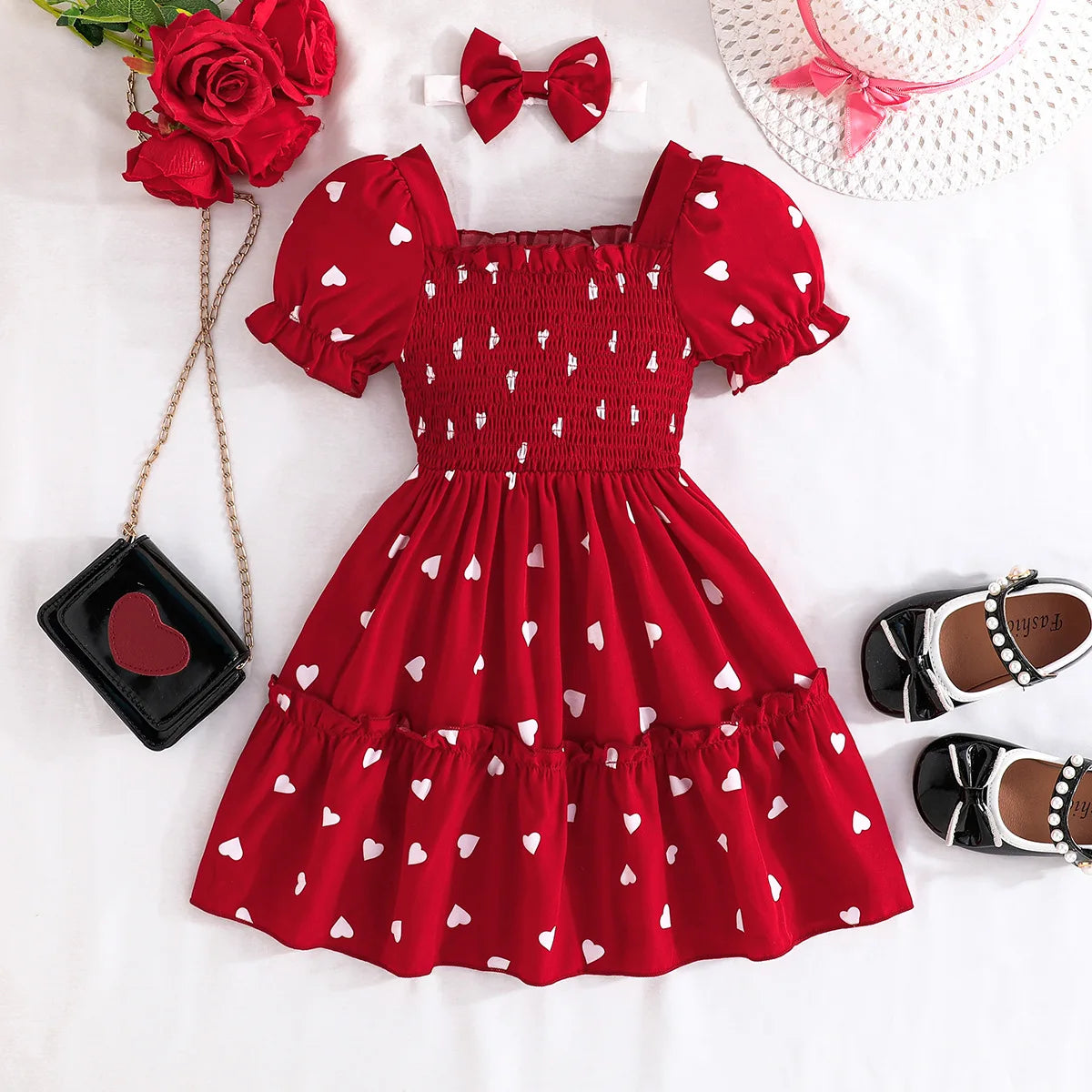 Ceeniu 2pcs Party Dresses For Girls Spaghetti Strap Pocket Heart Red Dress+Heart Bag Kids Birthday Dress Children's Clothing